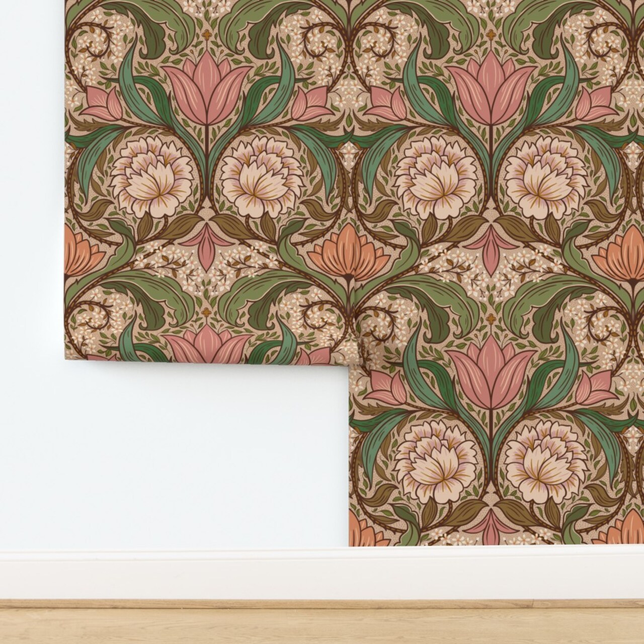 Arts And Crafts Pink Green Hand Drawn Floral Scroll Traditional Heritage Revival Custom Pre-pasted Wallpaper by Spoonflower Pre-Pasted Wallpaper 2FT Wide